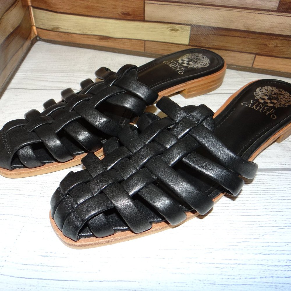Vince Camuto Cresetia Black Woven Slide On Flats 8 1/2 NWOB